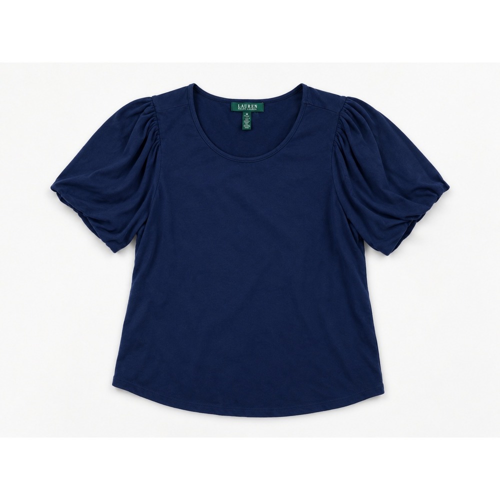 Lauren Ralph Lauren Navy Blue Puff Sleeve Scoop Neck Top Medium